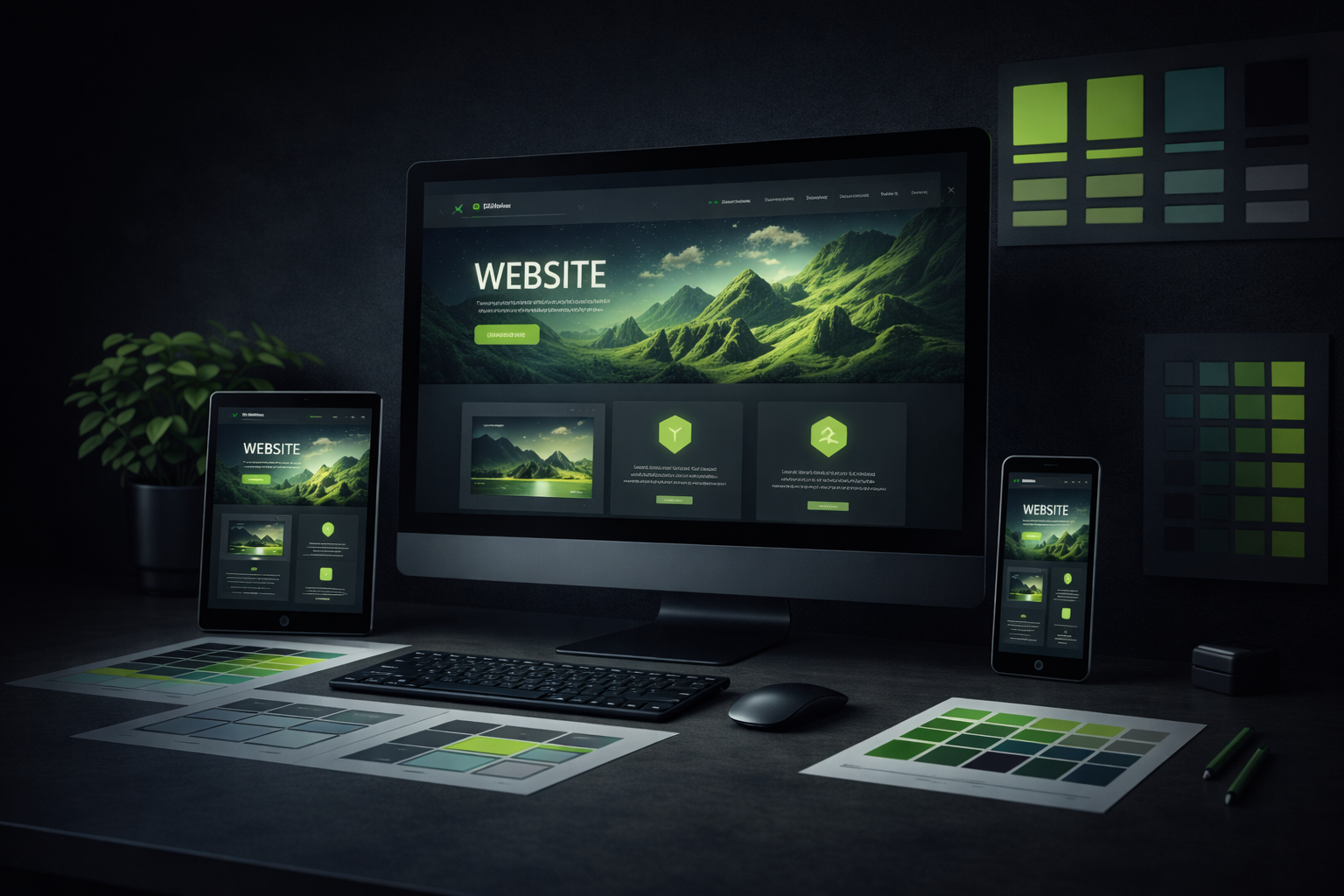 Moderne Website Erstellung für starken Online-Auftritt Desktop und mobile Geräte mit moderner Website-Oberfläche im grünen Design, zeigt professionelle Webentwicklung und überzeugende Online-Präsenz