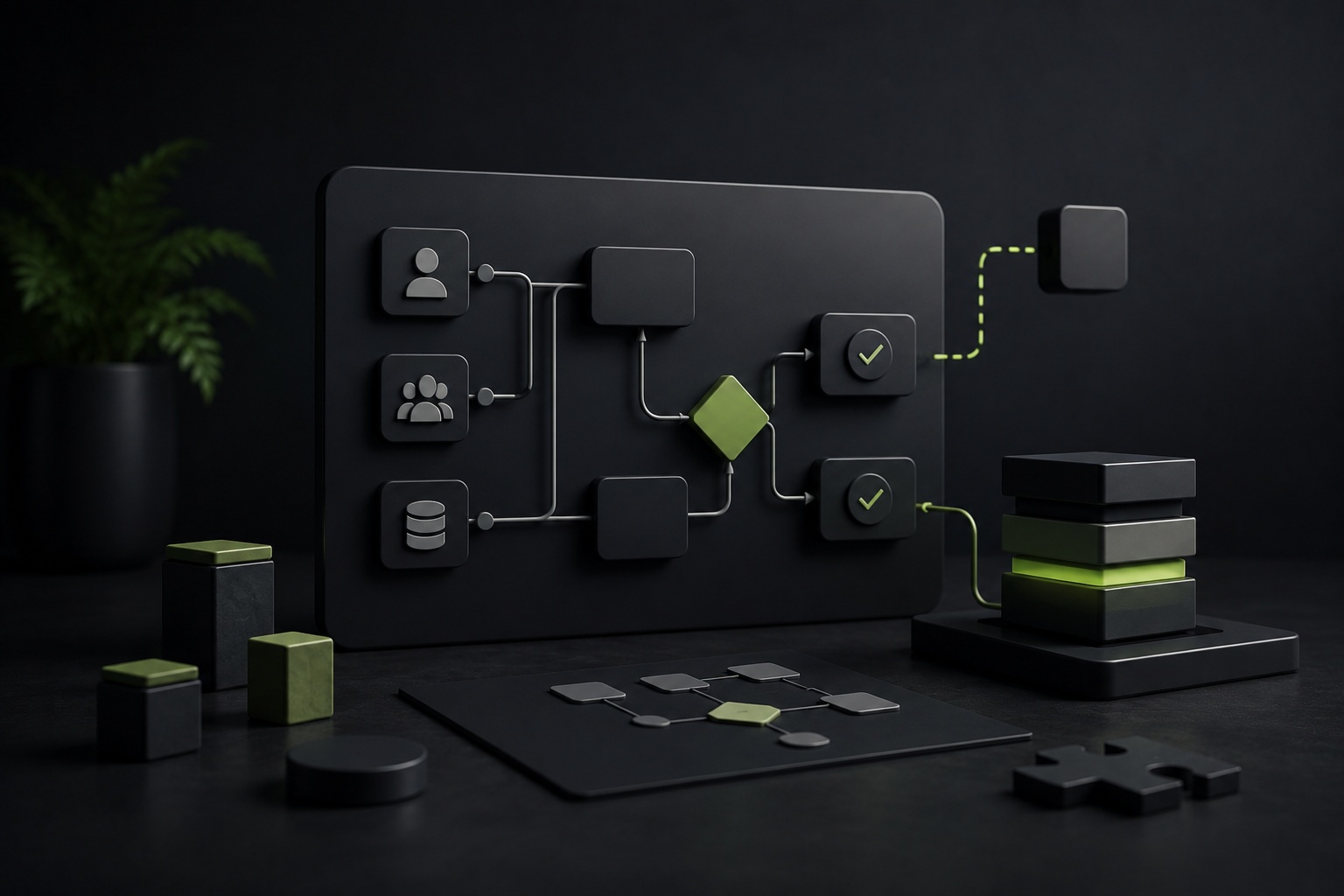 Digitale Lösungen für individuelle Prozesse – Moderne Workflow-Visualisierung Abstrakte dunkle 3D-Visualisierung eines digitalen Workflows mit verbundenen Elementen, Datenflüssen und modularen Prozessbausteinen in grünen Akzenten.