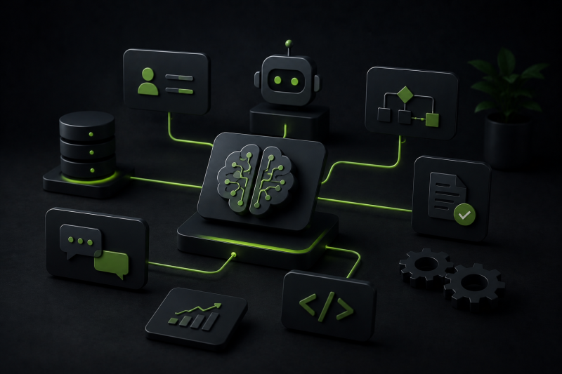 KI-Lösungen für automatisierte Unternehmensprozesse Dunkle futuristische 3D-Visualisierung einer KI-Plattform mit vernetzten Assistenten, Automatisierungen, Datenflüssen und modularen Prozesssymbolen in modernem Tech-Stil mit grünen Akzenten.
