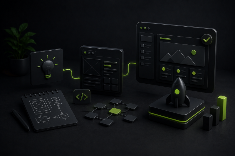 Individuelle Softwarelösungen und digitale Produktentwicklung Dunkle futuristische 3D-Visualisierung eines digitalen Entwicklungsprozesses mit Prototypen, UI-Konzepten, modularen Systemen und Startup-orientierten Produktideen in modernem Tech-Stil mit grünen Akzenten.