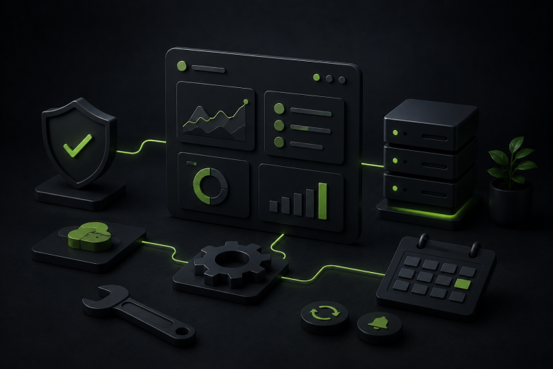 Langfristige Betreuung und Monitoring für stabile digitale Systeme Dunkle futuristische 3D-Visualisierung eines digitalen System-Dashboards mit Servern, Monitoring-Elementen, Sicherheits- und Wartungssymbolen sowie grünen leuchtenden Verbindungen im modernen Tech-Stil.
