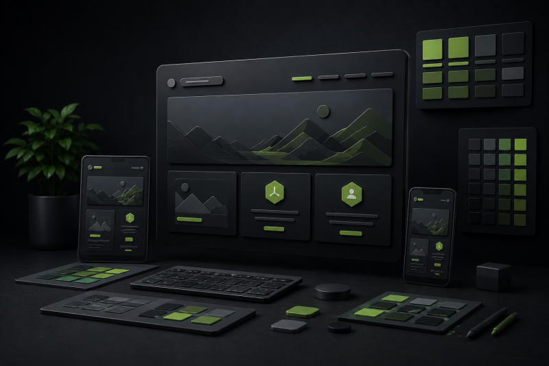 Moderne Webplattform und UI-Design im Dark-Mode-Stil Dunkle 3D-Visualisierung einer modernen Webplattform mit abstrahierten Benutzeroberflächen, responsiven Geräten und grünen Akzenten im futuristischen UI-Design-Stil.