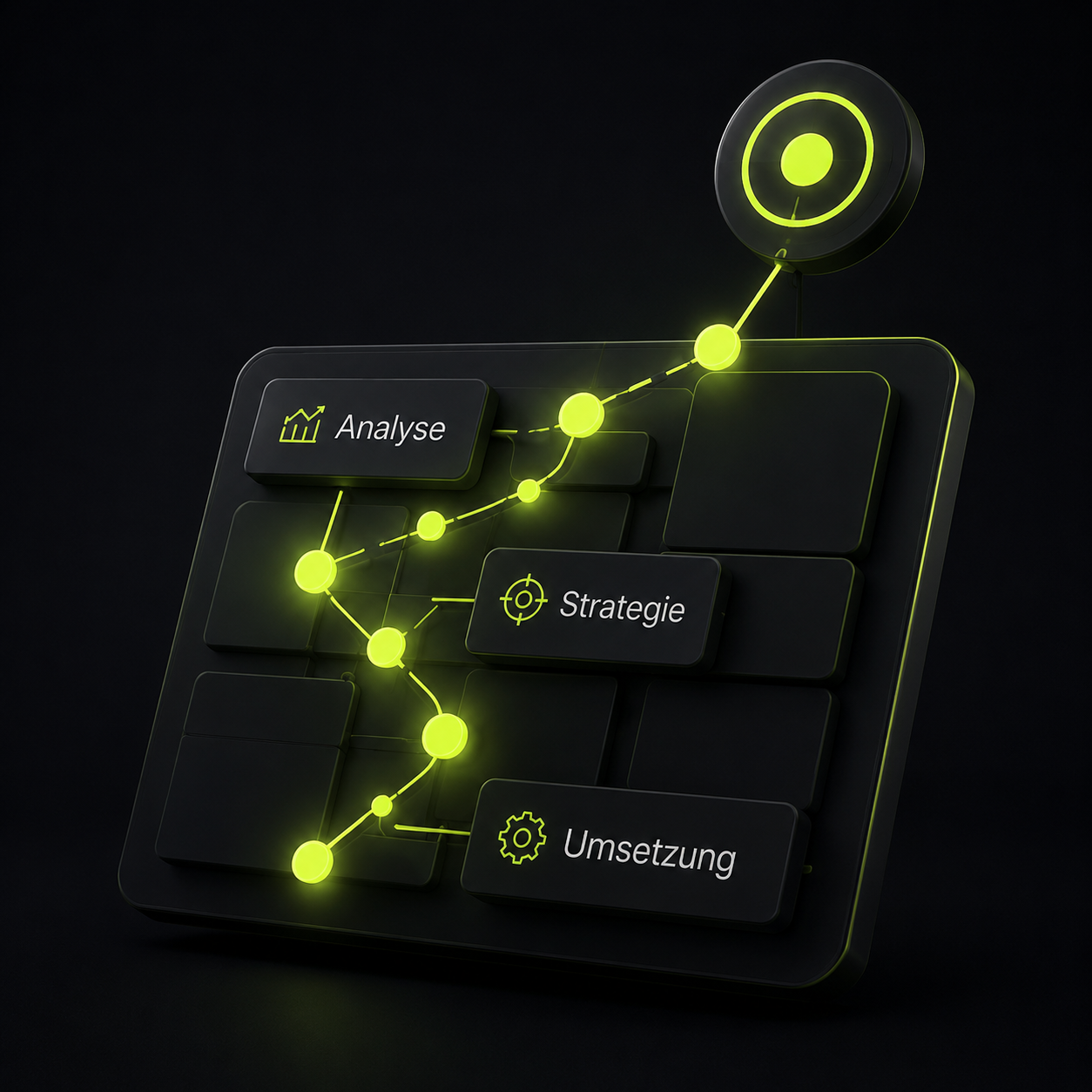 Digitale Strategie von Analyse bis Umsetzung Digitale Strategieentwicklung mit Analyse, Planung und Umsetzung als visualisierter Workflow.