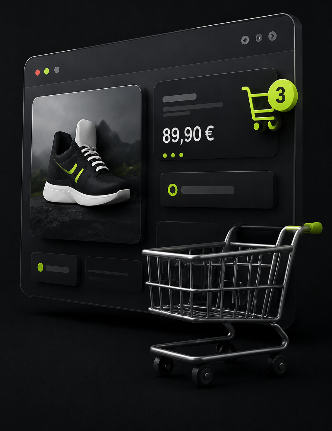 Moderne E-Commerce Produktverwaltung Moderne E-Commerce-Plattform mit Produktverwaltung, Warenkorb und digitalem Bestellprozess in einer hochwertigen 3D-Darstellung.