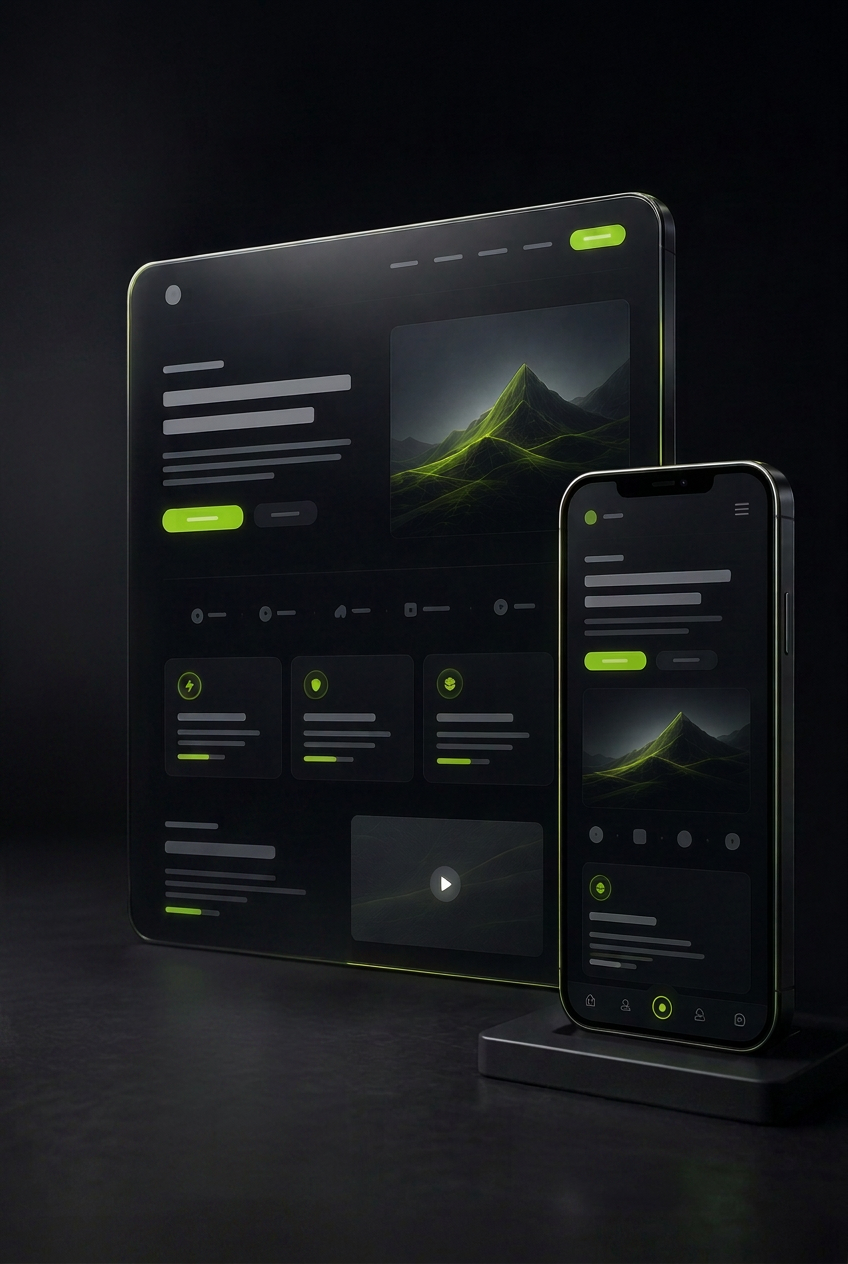 Responsives Webdesign für Desktop und Smartphone Dunkles 3D-Rendering einer modernen Website auf Desktop- und Smartphone-Ansicht mit limegrünen Akzenten