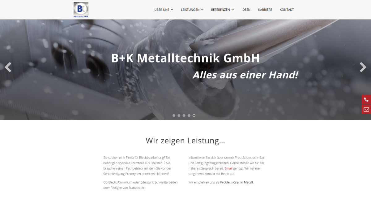 BK Metalltechnik – Startseite Startseite von BK Metalltechnik mit Maschinenfoto.