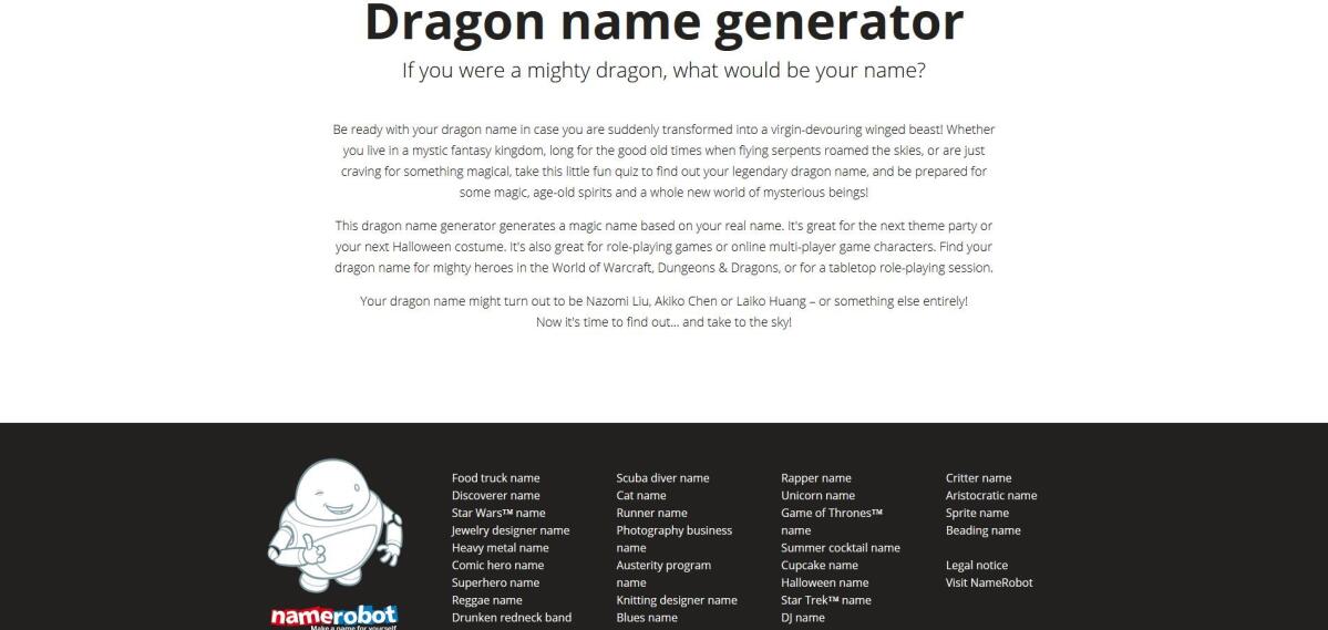 Drachen-Namensgenerator – Erklärung Screenshot des Drachen-Namensgenerator mit einer Erklärung.
