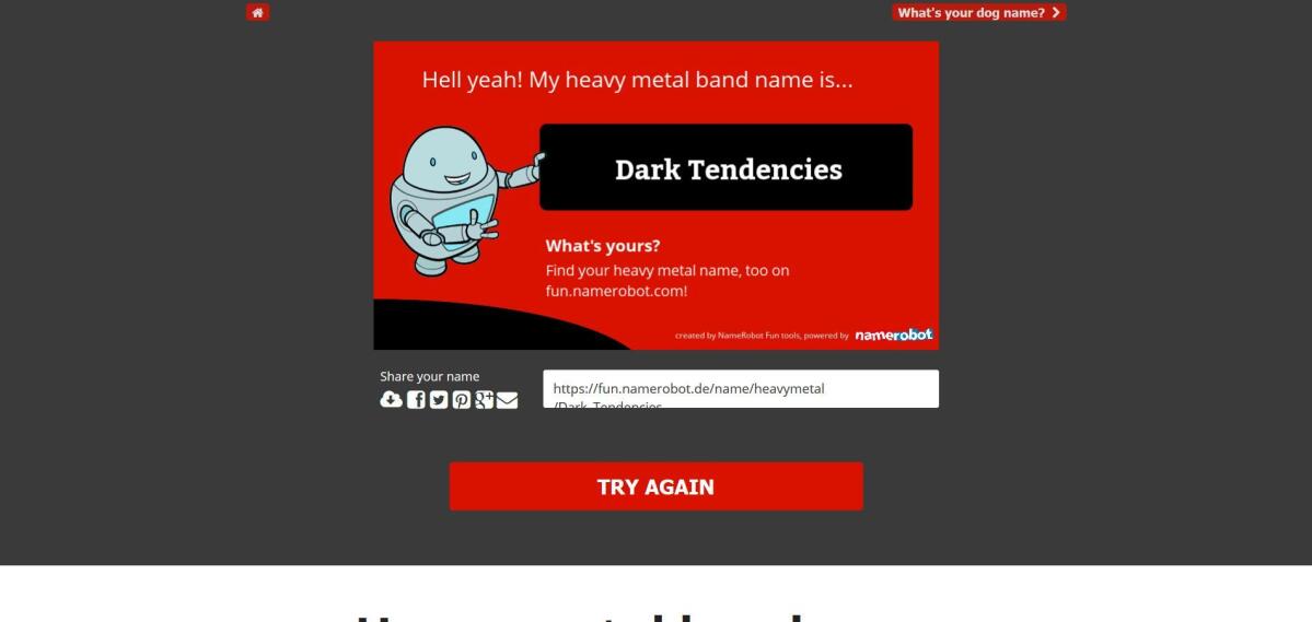 Heavy-Metal-Namensgenerator – Ergebnis Screenshot des Heavy-Metal-Namensgenerator mit einem generierten Namen.