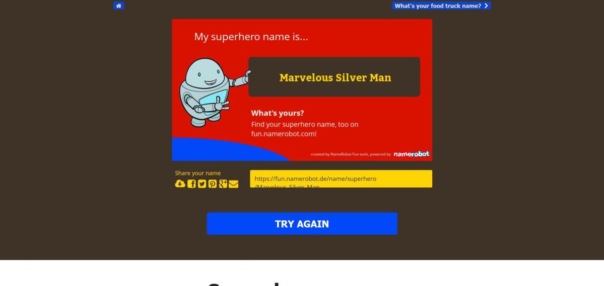 Superhelden-Namensgenerator – Ergebnis Screenshot des Superhelden-Namensgenerator mit einem generierten Namen.