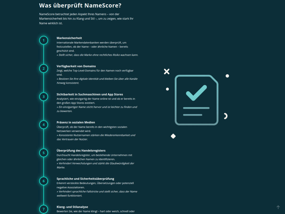 NameScore – Analyse Dunkle NameScore-Seite mit Analyse-Schritten für einen Namen.