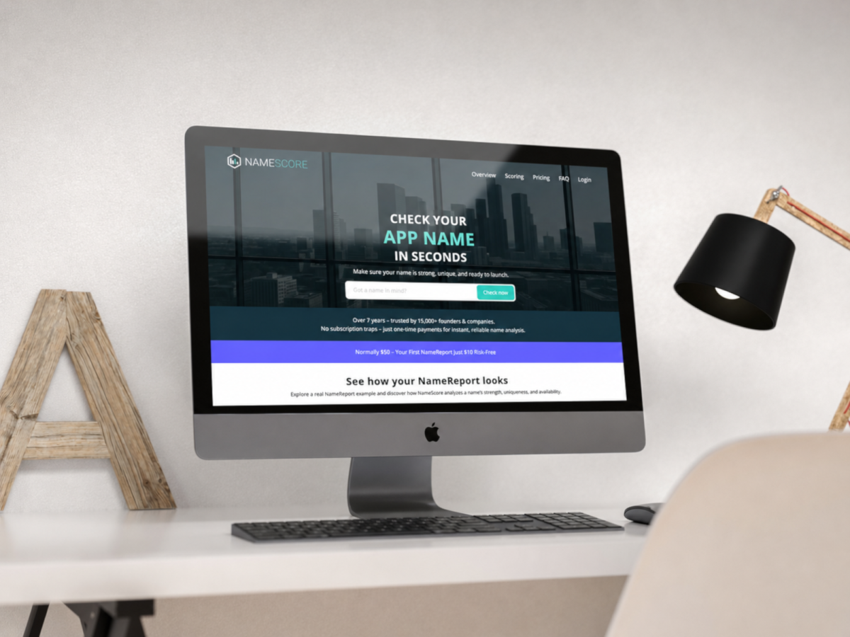 NameScore – Website-Mockup Website von NameScore auf einem Bildschirm.