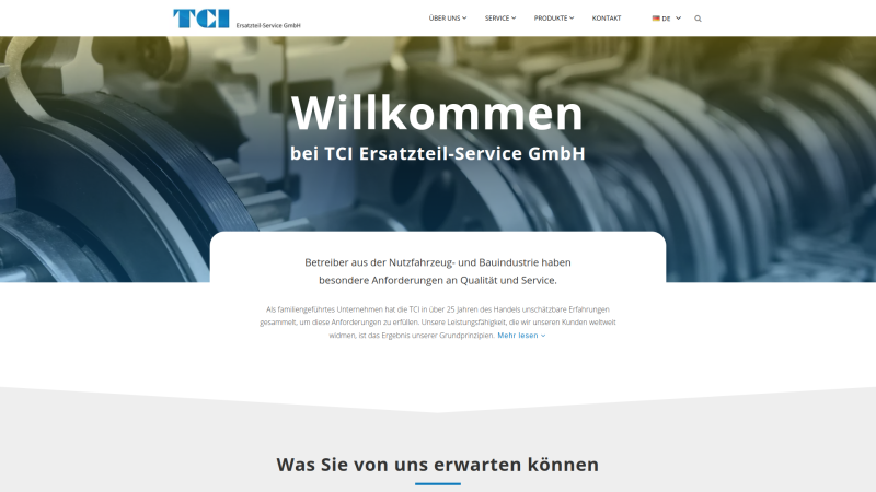 PCSG Realisiert Website-Relaunch für TCI im Ersatzteilhandel Startseite mit blauem Industrie-Foto und Produktsuche.