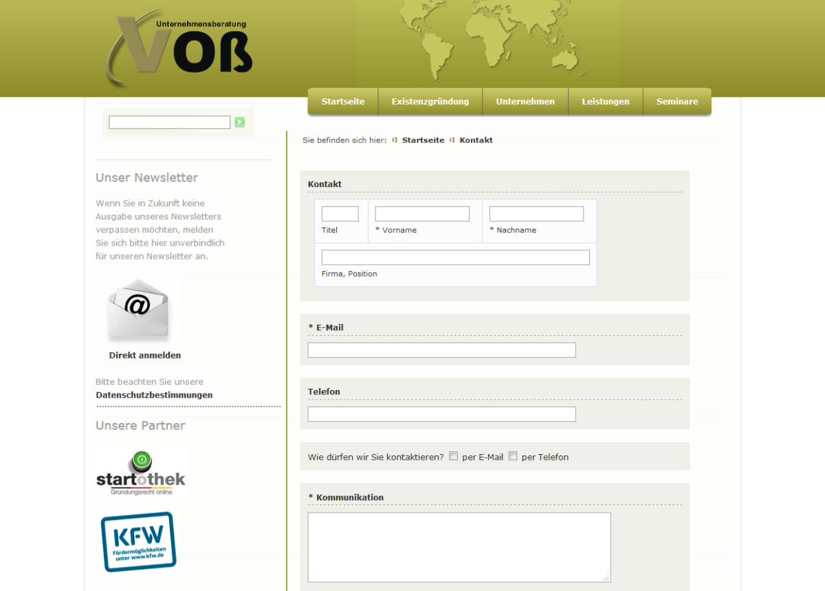Voss Beratung – Kontaktseite Kontaktseite der Website von Voss Beratung.