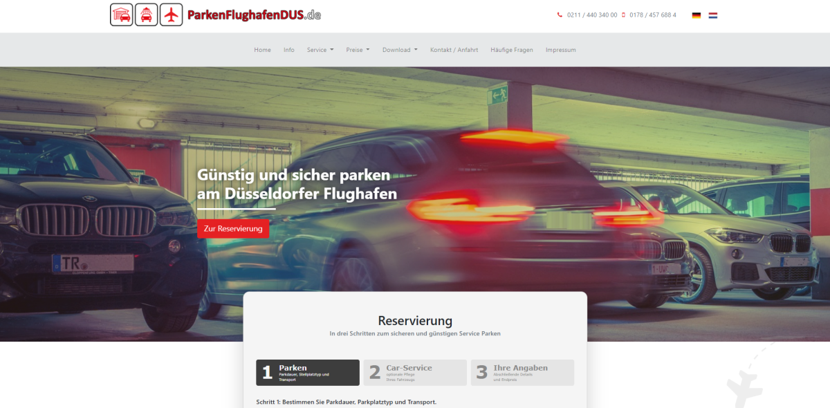 ParkenFlughafenDUS.de – Startseite Startseite mit Parkreservierung vor einem Flughafenbild.